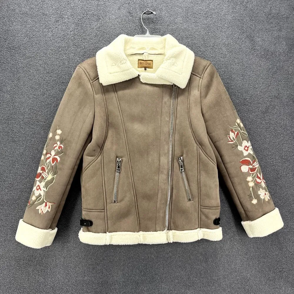DRIFTWOOD Jacket womens Small faux suede beige embroidered sleeves Fleece lined - Picture 1 of 16